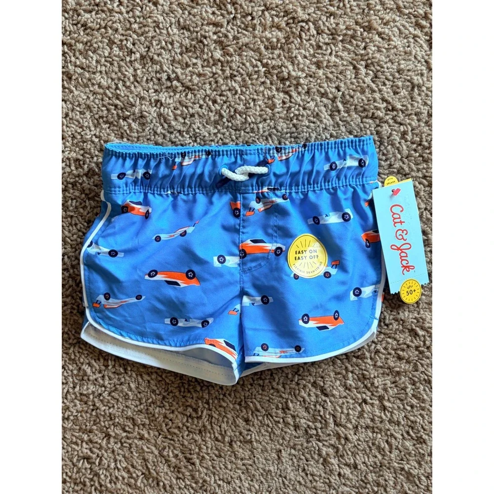 Cat & Jack Blue Racecar Mesh Lined Swim Trunks Shorts Baby Boy 12M NEW NWT - Picture 1 of 8